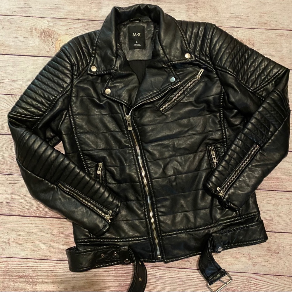 MX Vegan Leather Black Motorcycle Jacket, Sz Lg